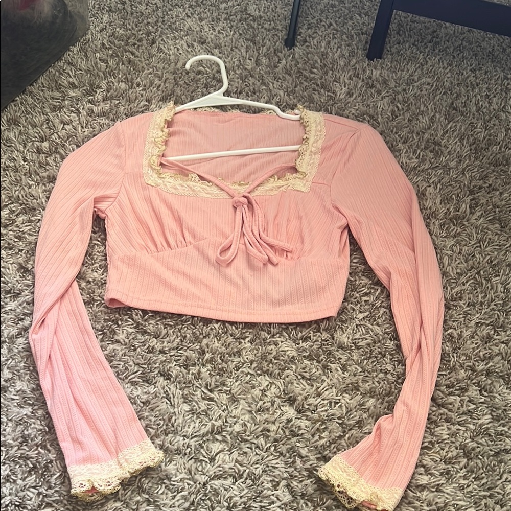 Pink Lace Trim Crop Top